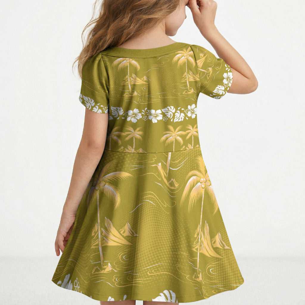 Yellow Hawaii Palm Tree Hibiscus Kid Short Sleeve Dress Fantasy Summer Vibe LT01 - Polynesian Pride