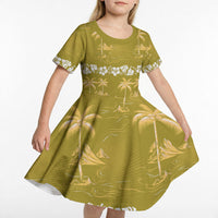 Yellow Hawaii Palm Tree Hibiscus Kid Short Sleeve Dress Fantasy Summer Vibe LT01 - Polynesian Pride