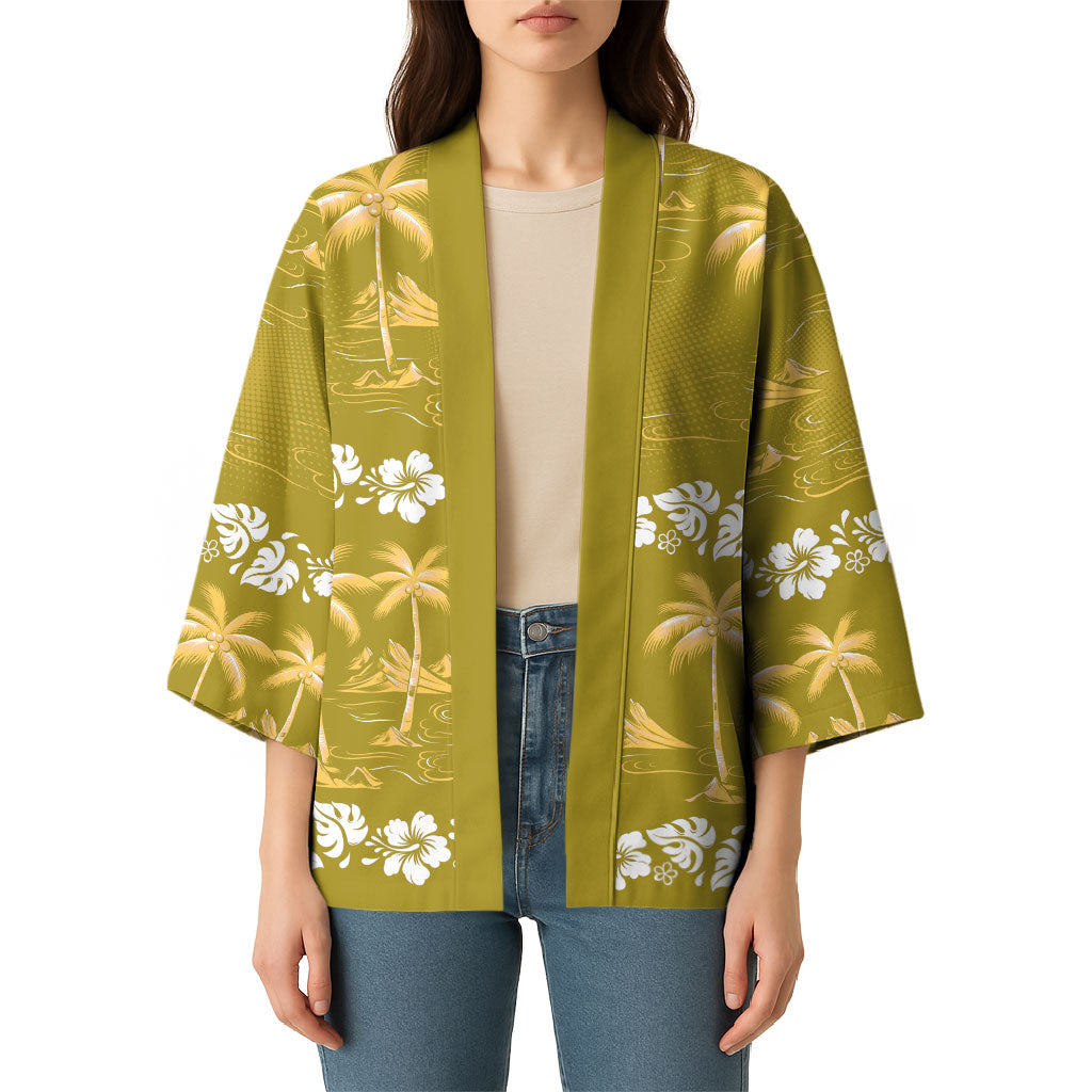 Yellow Hawaii Palm Tree Hibiscus Kimono Fantasy Summer Vibe LT01 - Polynesian Pride