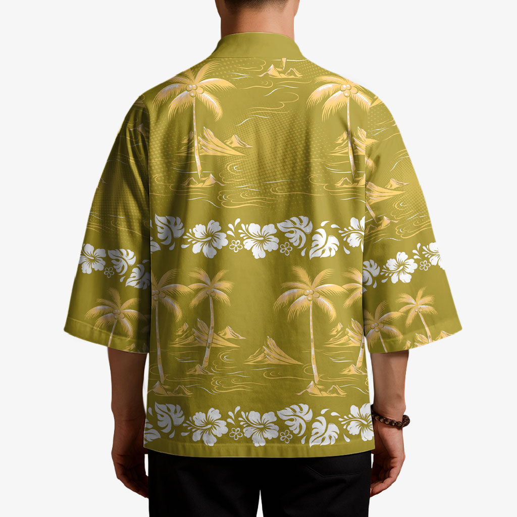 Yellow Hawaii Palm Tree Hibiscus Kimono Fantasy Summer Vibe LT01 - Polynesian Pride
