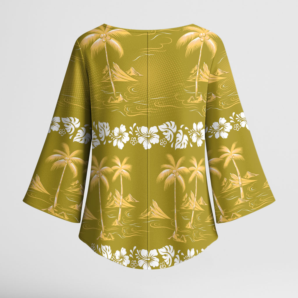Yellow Hawaii Palm Tree Hibiscus Kimono Sleeve Blouse Fantasy Summer Vibe LT01 - Polynesian Pride