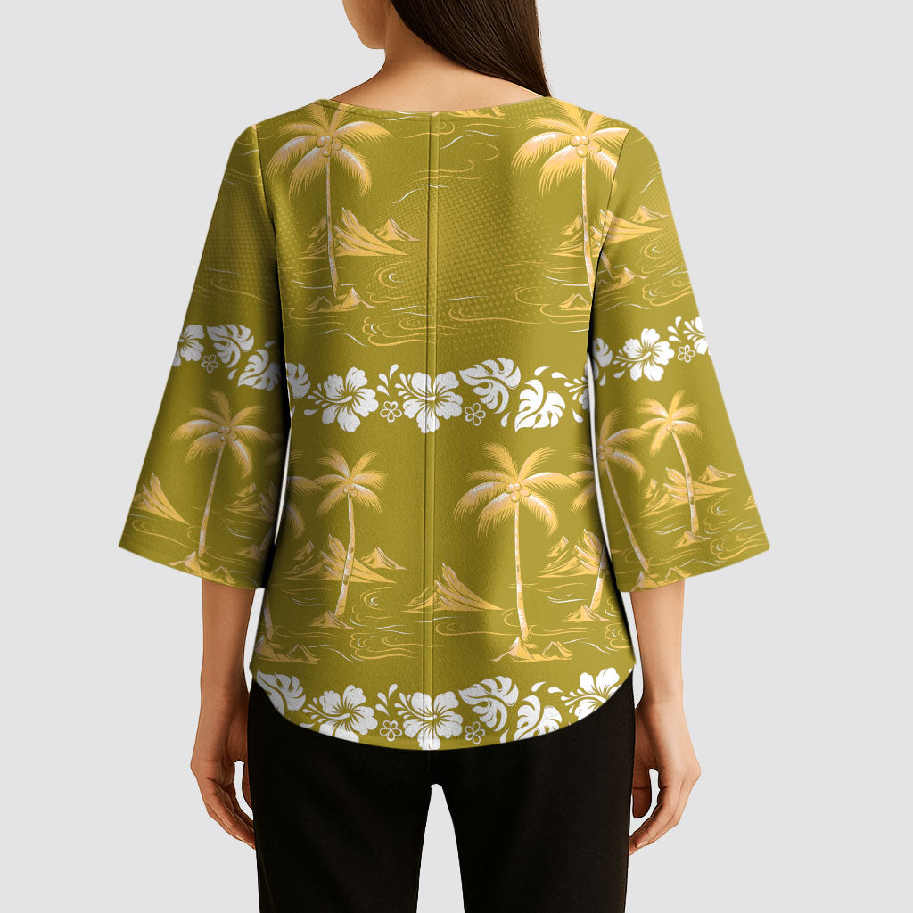 Yellow Hawaii Palm Tree Hibiscus Kimono Sleeve Blouse Fantasy Summer Vibe LT01 - Polynesian Pride