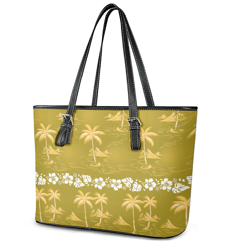 Yellow Hawaii Palm Tree Hibiscus Leather Tote Bag Fantasy Summer Vibe LT01 - Polynesian Pride