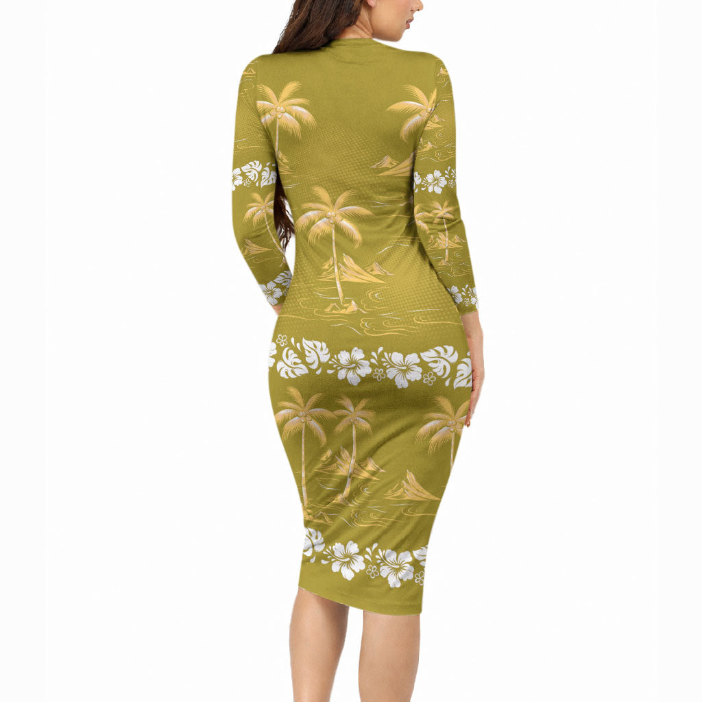 Yellow Hawaii Palm Tree Hibiscus Long Sleeve Bodycon Dress Fantasy Summer Vibe LT01 - Polynesian Pride