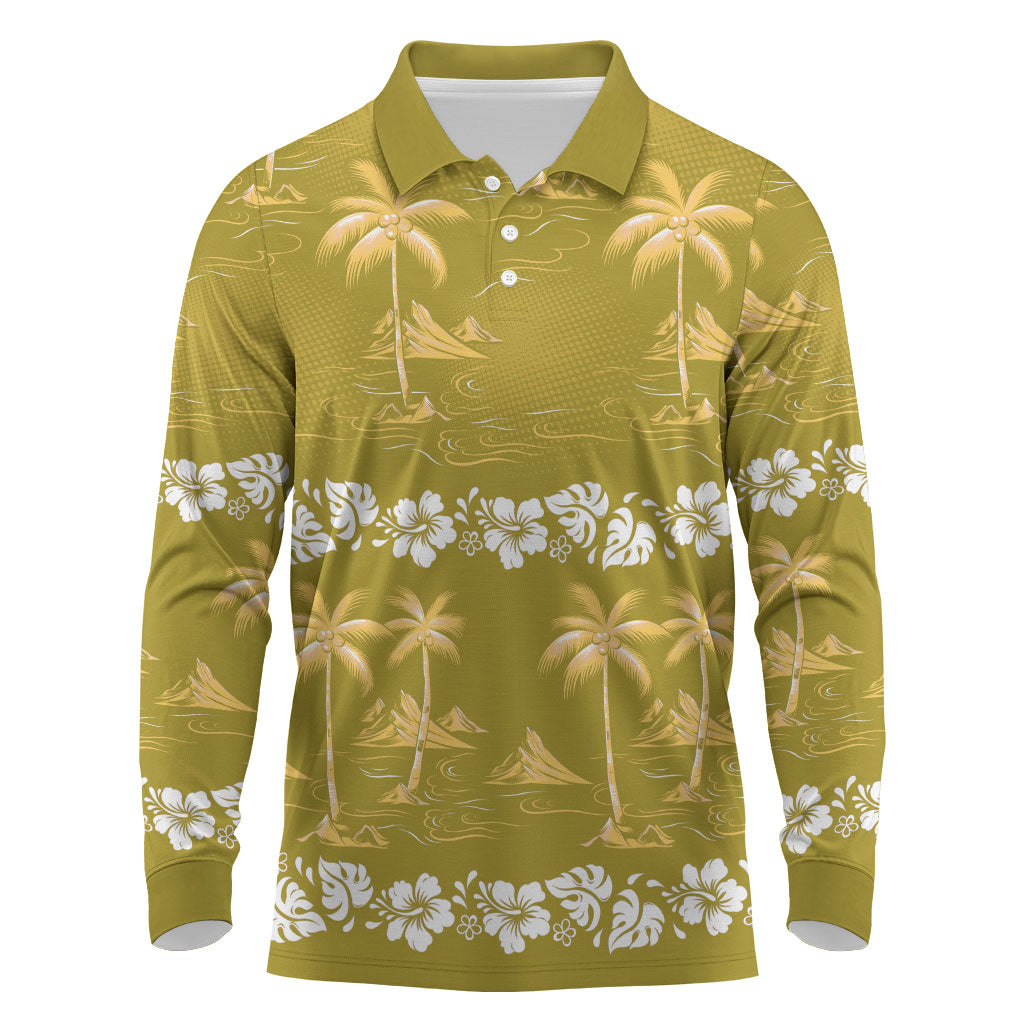 Yellow Hawaii Palm Tree Hibiscus Long Sleeve Polo Shirt Fantasy Summer Vibe LT01 Yellow - Polynesian Pride
