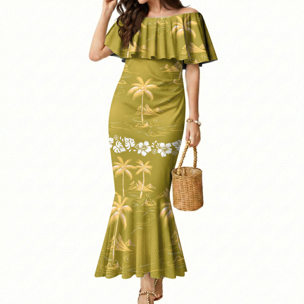 Yellow Hawaii Palm Tree Hibiscus Mermaid Dress Fantasy Summer Vibe LT01 Women Yellow - Polynesian Pride