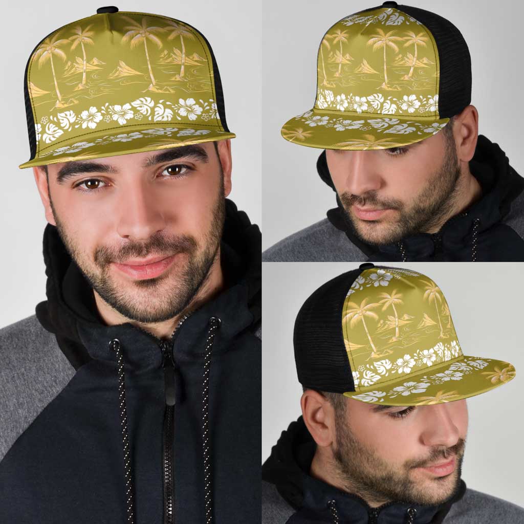 Yellow Hawaii Palm Tree Hibiscus Mesh Trucker Cap Fantasy Summer Vibe LT01 - Polynesian Pride