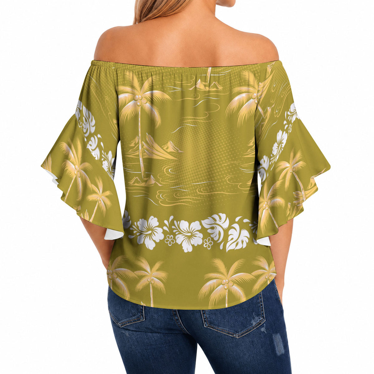 Yellow Hawaii Palm Tree Hibiscus Off Shoulder Wrap Waist Top Fantasy Summer Vibe LT01 - Polynesian Pride