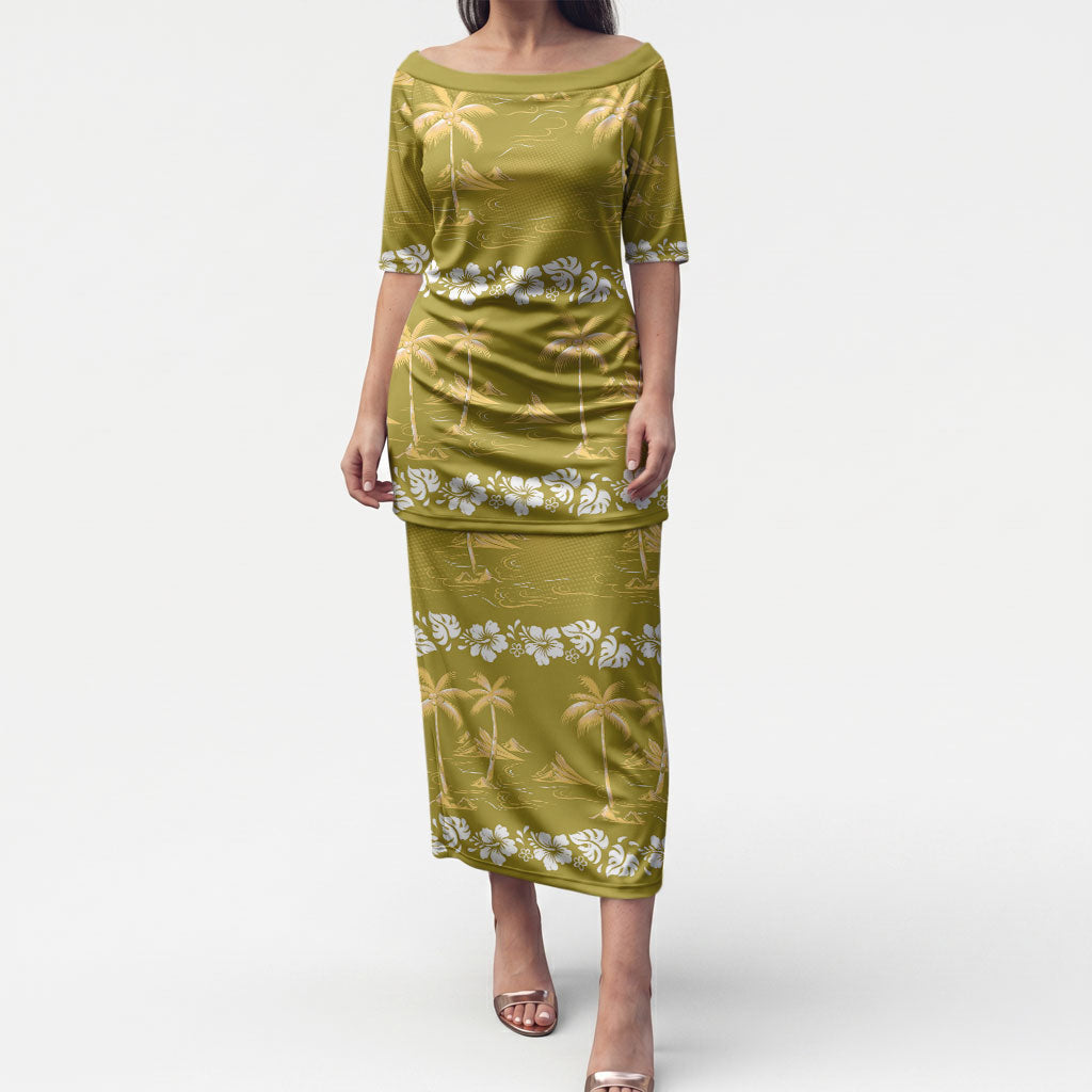 Yellow Hawaii Palm Tree Hibiscus Puletasi Fantasy Summer Vibe LT01 Long Dress Yellow - Polynesian Pride