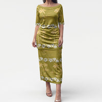 Yellow Hawaii Palm Tree Hibiscus Puletasi Fantasy Summer Vibe LT01 Long Dress Yellow - Polynesian Pride