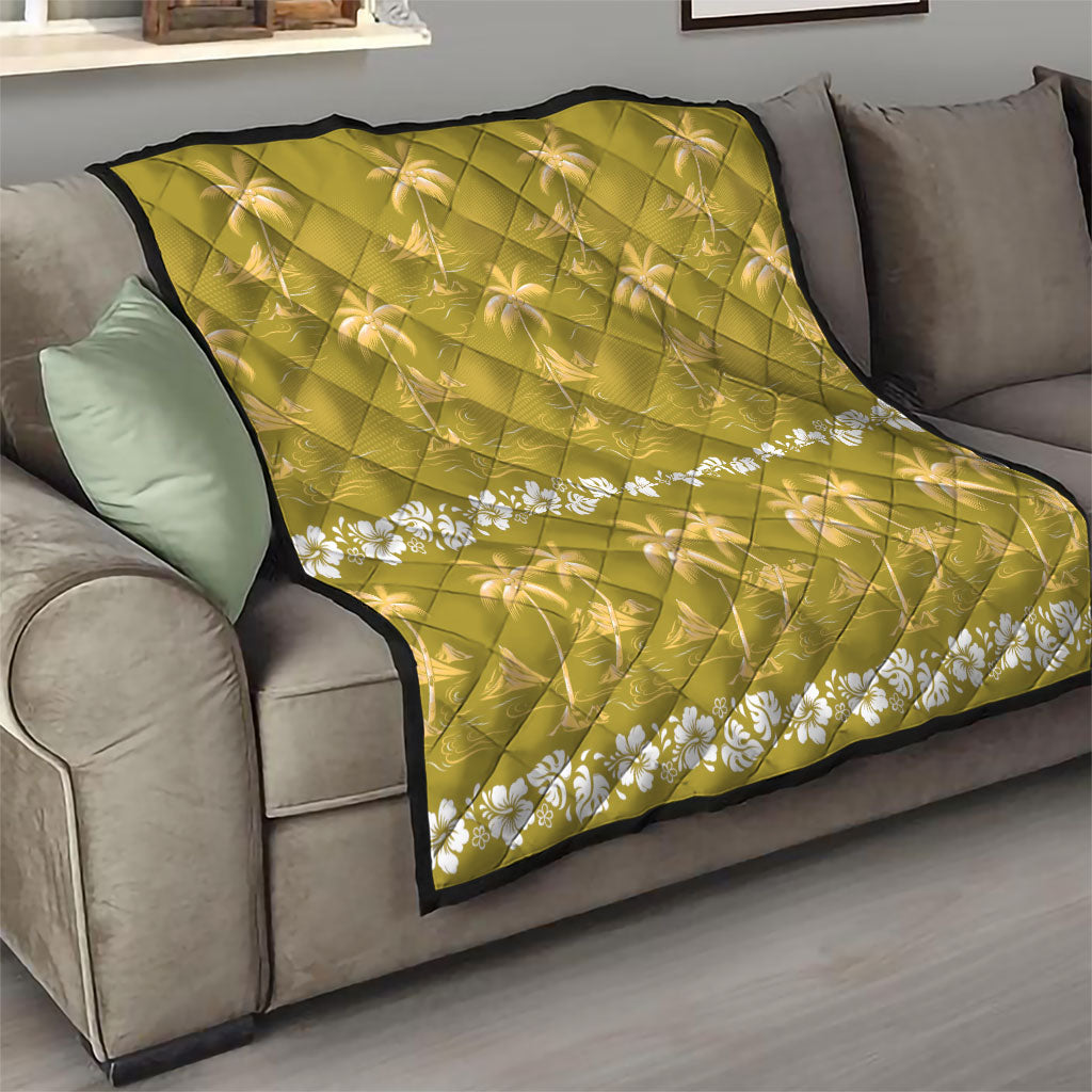 Yellow Hawaii Palm Tree Hibiscus Quilt Fantasy Summer Vibe LT01 - Polynesian Pride