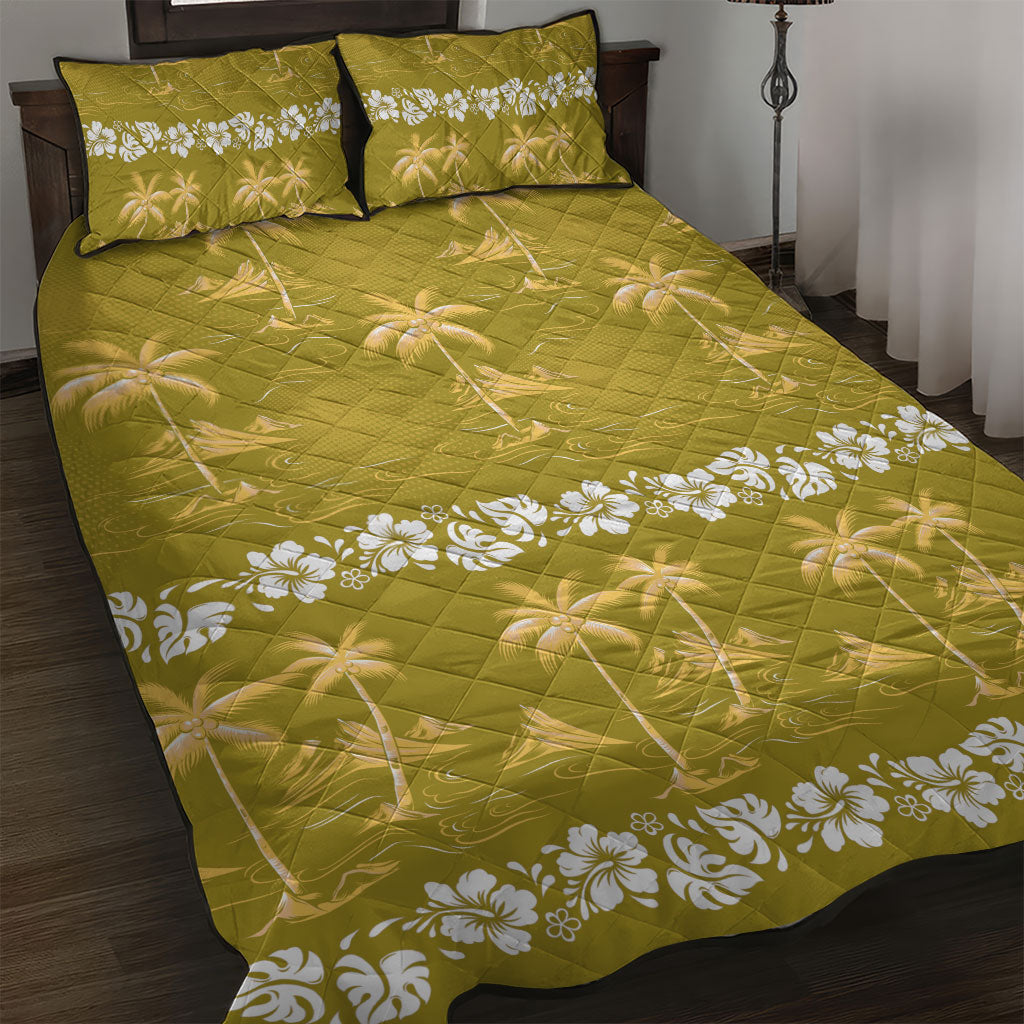 Yellow Hawaii Palm Tree Hibiscus Quilt Bed Set Fantasy Summer Vibe LT01 Yellow - Polynesian Pride