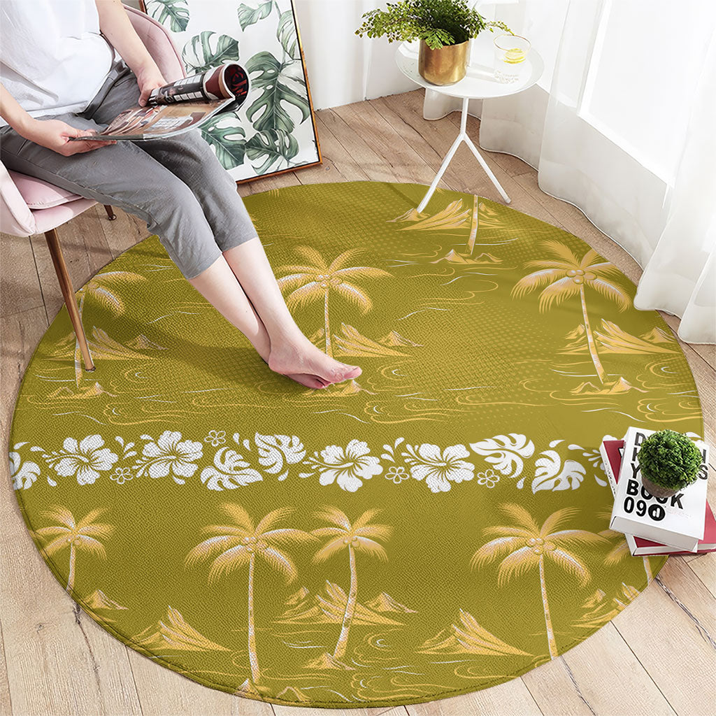 Yellow Hawaii Palm Tree Hibiscus Round Carpet Fantasy Summer Vibe LT01 - Polynesian Pride
