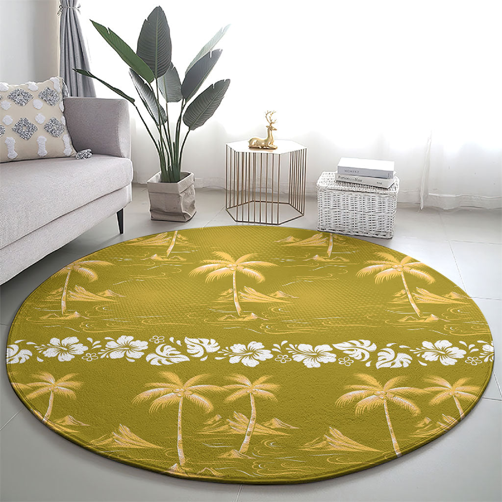 Yellow Hawaii Palm Tree Hibiscus Round Carpet Fantasy Summer Vibe LT01 - Polynesian Pride