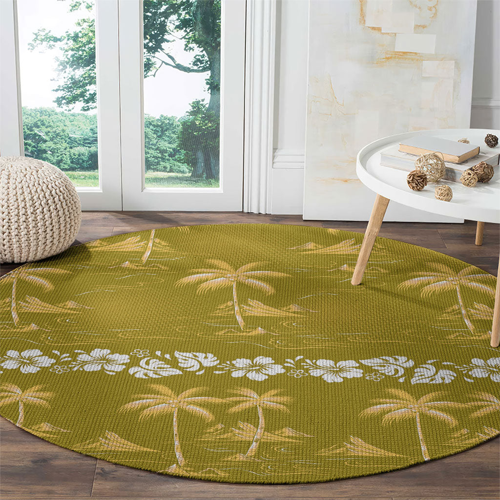 Yellow Hawaii Palm Tree Hibiscus Round Carpet Fantasy Summer Vibe LT01 - Polynesian Pride
