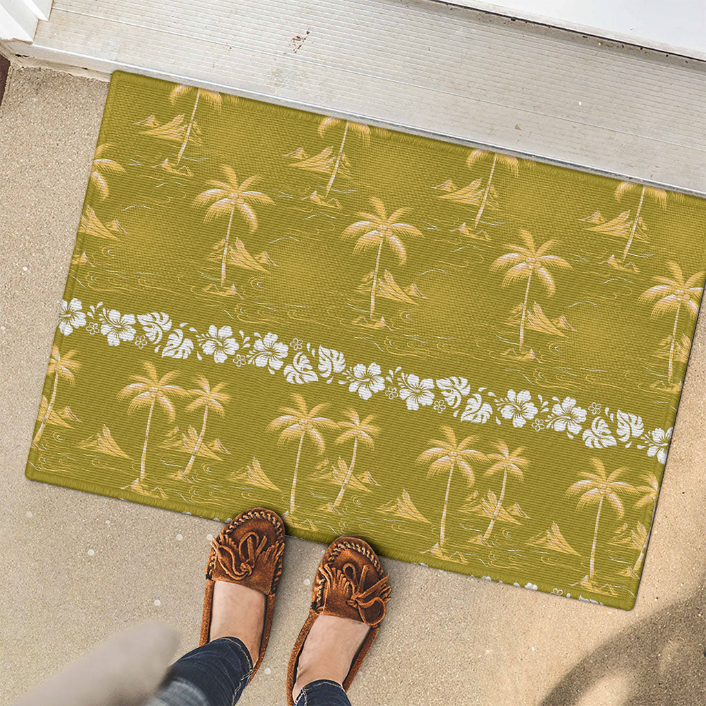 Yellow Hawaii Palm Tree Hibiscus Rubber Doormat Fantasy Summer Vibe LT01 - Polynesian Pride