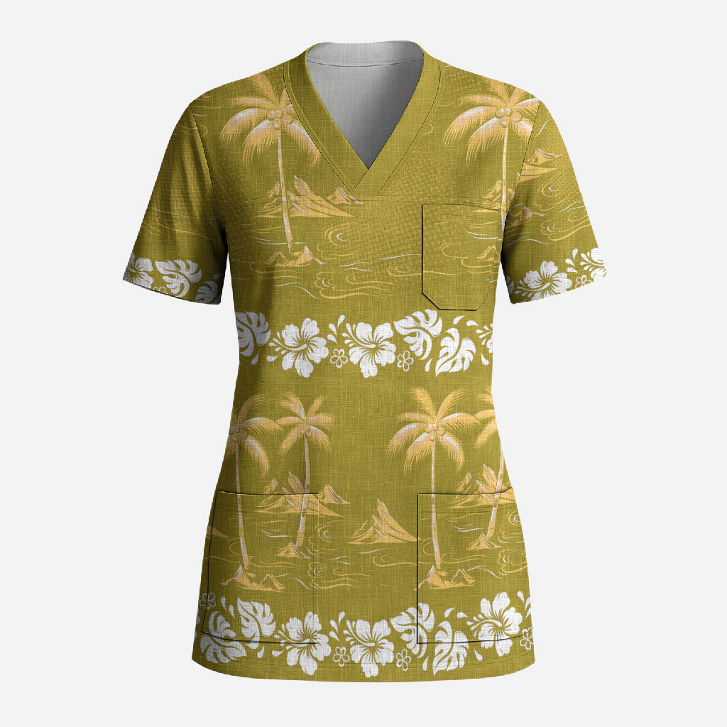 Yellow Hawaii Palm Tree Hibiscus Scrub Top Fantasy Summer Vibe LT01 Adult Yellow - Polynesian Pride