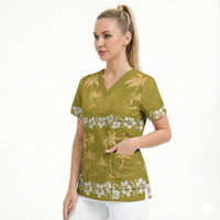 Yellow Hawaii Palm Tree Hibiscus Scrub Top Fantasy Summer Vibe LT01 - Polynesian Pride