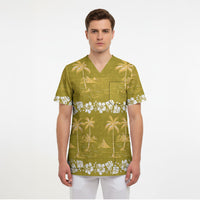 Yellow Hawaii Palm Tree Hibiscus Scrub Top Fantasy Summer Vibe LT01 - Polynesian Pride