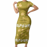 Yellow Hawaii Palm Tree Hibiscus Short Sleeve Bodycon Dress Fantasy Summer Vibe LT01 Long Dress Yellow - Polynesian Pride