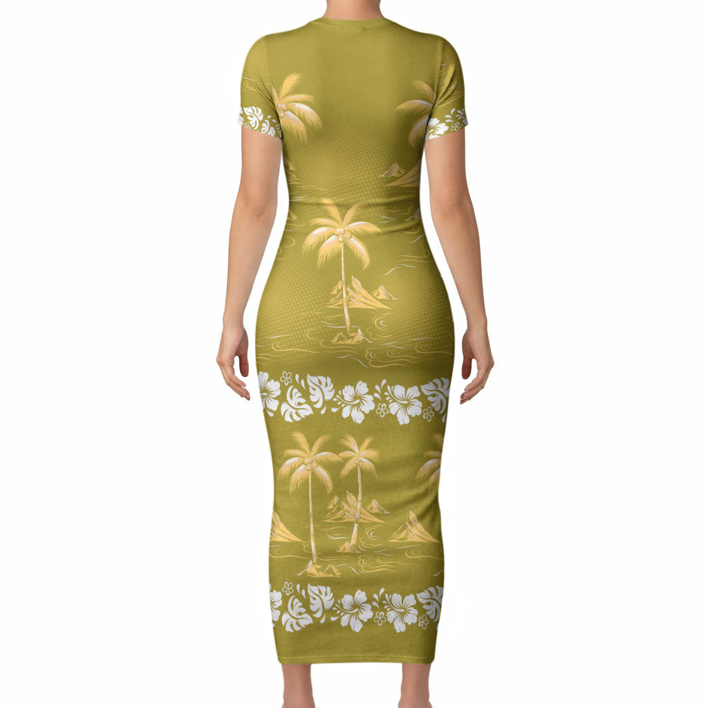 Yellow Hawaii Palm Tree Hibiscus Short Sleeve Bodycon Dress Fantasy Summer Vibe LT01 - Polynesian Pride
