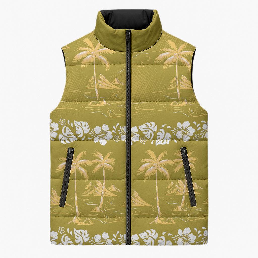 Yellow Hawaii Palm Tree Hibiscus Sleeveless Puffer Jacket Fantasy Summer Vibe LT01 Unisex Yellow - Polynesian Pride