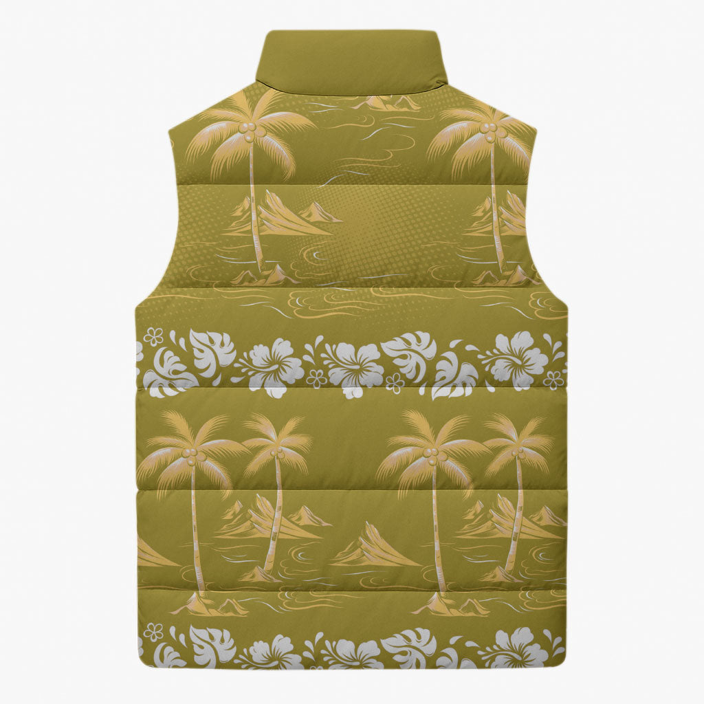 Yellow Hawaii Palm Tree Hibiscus Sleeveless Puffer Jacket Fantasy Summer Vibe LT01 - Polynesian Pride