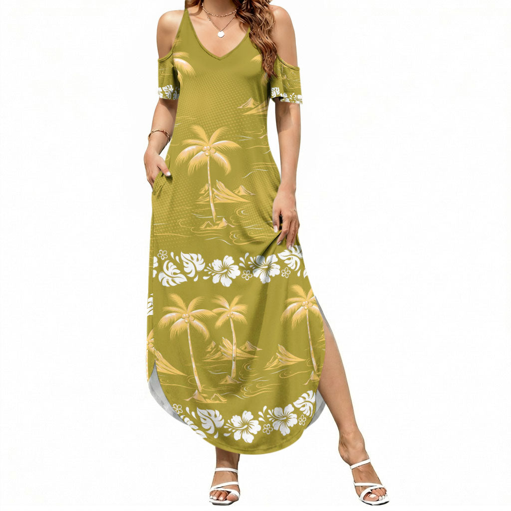Yellow Hawaii Palm Tree Hibiscus Summer Maxi Dress Fantasy Summer Vibe