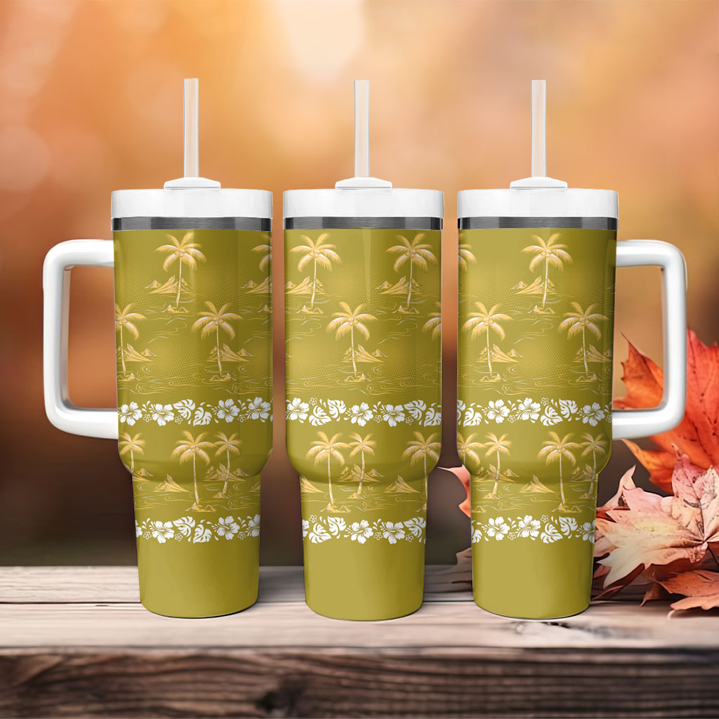 Yellow Hawaii Palm Tree Hibiscus Tumbler With Handle Fantasy Summer Vibe LT01 - Polynesian Pride