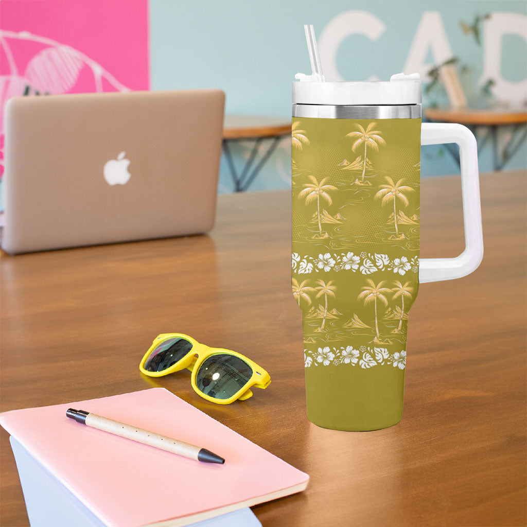 Yellow Hawaii Palm Tree Hibiscus Tumbler With Handle Fantasy Summer Vibe LT01 - Polynesian Pride