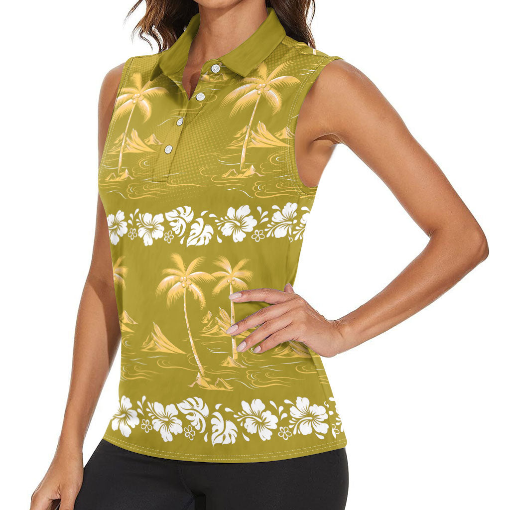 Yellow Hawaii Palm Tree Hibiscus Women Sleeveless Polo Shirt Fantasy Summer Vibe LT01 - Polynesian Pride