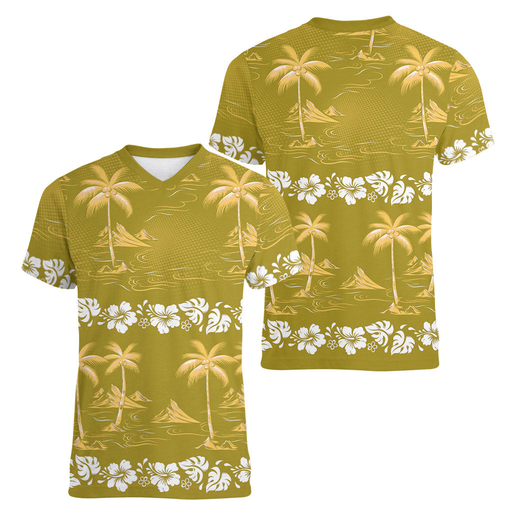 Yellow Hawaii Palm Tree Hibiscus Women V-Neck T-Shirt Fantasy Summer Vibe LT01 - Polynesian Pride