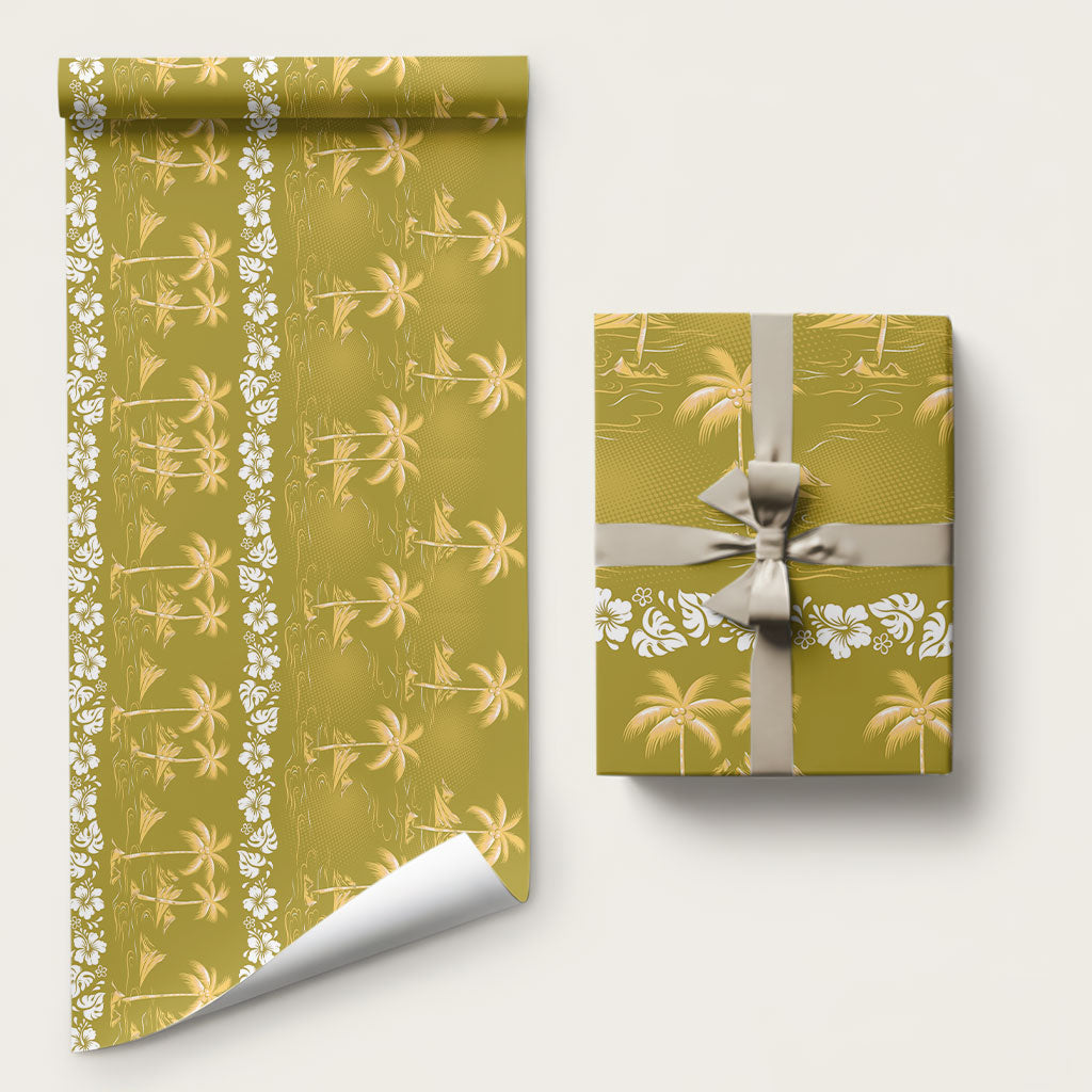 Yellow Hawaii Palm Tree Hibiscus Wrapping Paper Fantasy Summer Vibe LT01 58" × 23" Yellow - Polynesian Pride
