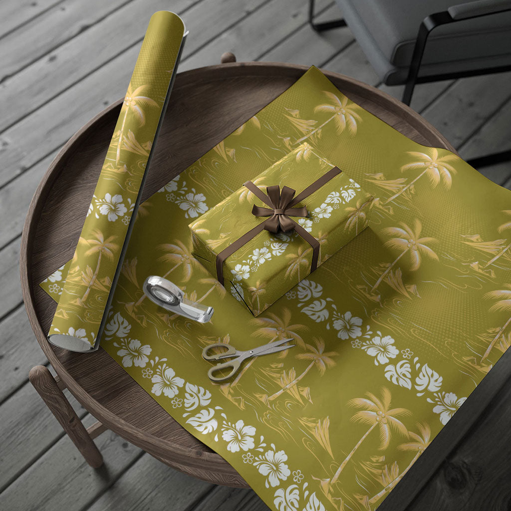 Yellow Hawaii Palm Tree Hibiscus Wrapping Paper Fantasy Summer Vibe LT01 - Polynesian Pride
