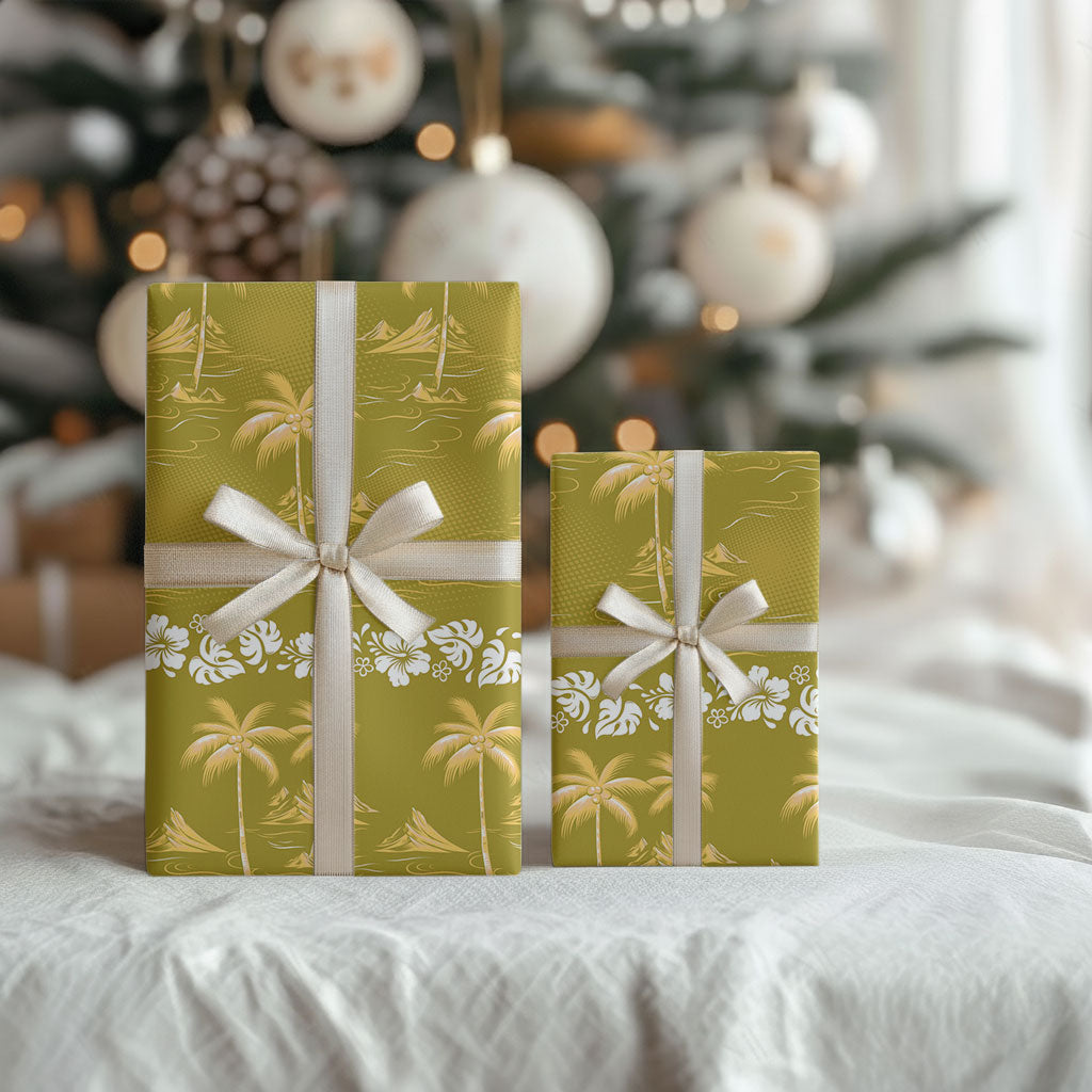 Yellow Hawaii Palm Tree Hibiscus Wrapping Paper Fantasy Summer Vibe LT01 - Polynesian Pride