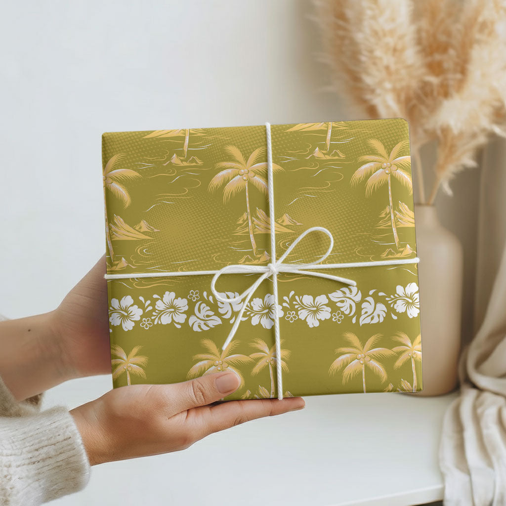 Yellow Hawaii Palm Tree Hibiscus Wrapping Paper Fantasy Summer Vibe LT01 - Polynesian Pride