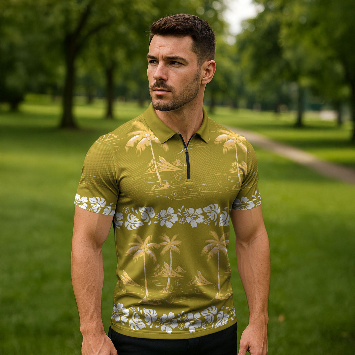 Yellow Hawaii Palm Tree Hibiscus Zipper Polo Shirt Fantasy Summer Vibe LT01 - Polynesian Pride