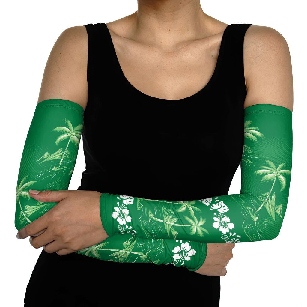 Green Hawaii Palm Tree Hibiscus Arm Sleeves Fantasy Summer Vibe