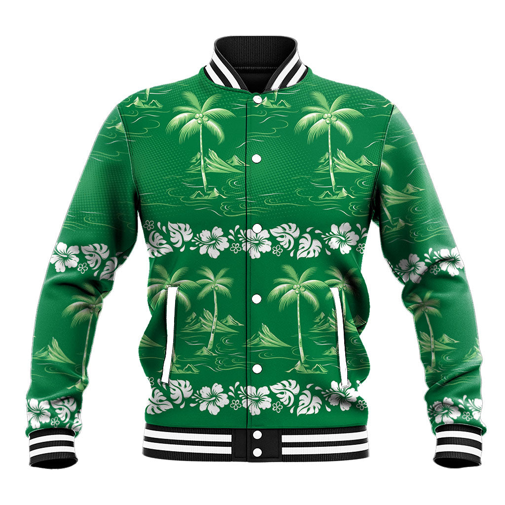 Green Hawaii Palm Tree Hibiscus Baseball Jacket Fantasy Summer Vibe LT01 Unisex Green - Polynesian Pride