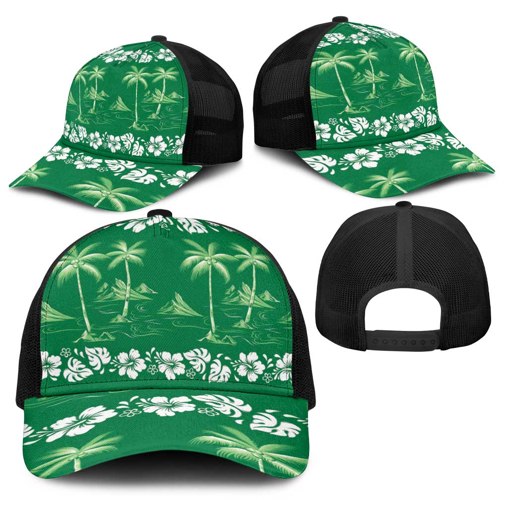 Green Hawaii Palm Tree Hibiscus Baseball Net Cap Fantasy Summer Vibe LT01 - Polynesian Pride