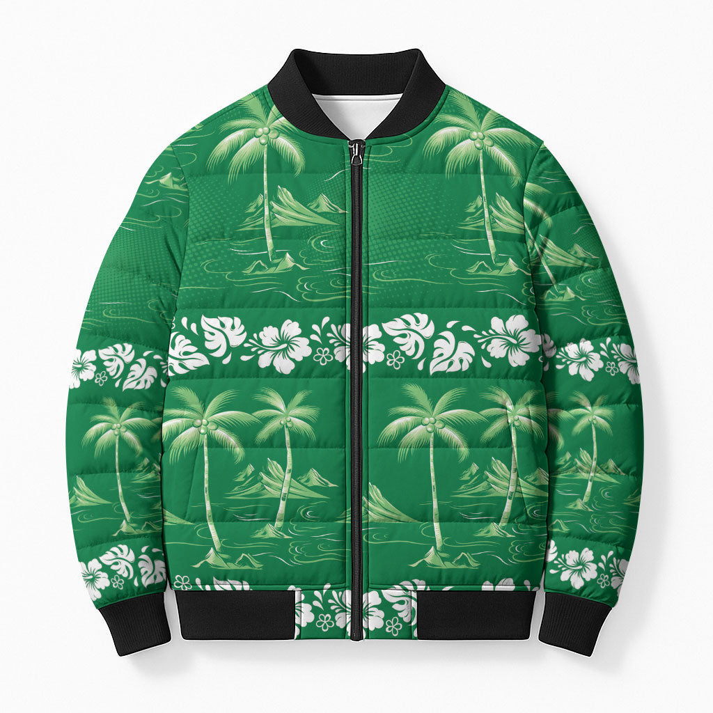Green Hawaii Palm Tree Hibiscus Bomber Puffer Jacket Fantasy Summer Vibe