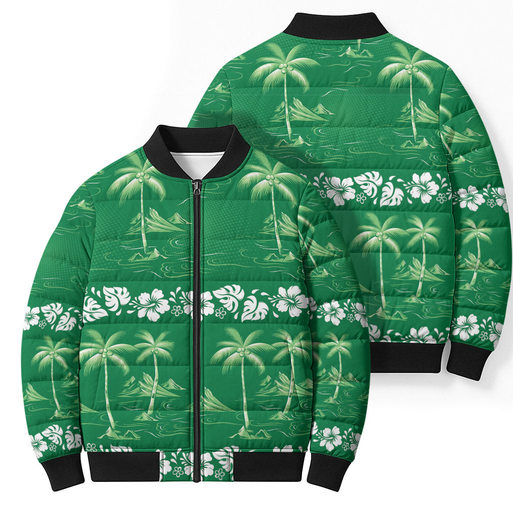 Green Hawaii Palm Tree Hibiscus Bomber Puffer Jacket Fantasy Summer Vibe