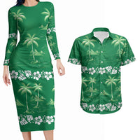 Green Hawaii Palm Tree Hibiscus Couples Matching Long Sleeve Bodycon Dress and Hawaiian Shirt Fantasy Summer Vibe LT01 Green - Polynesian Pride