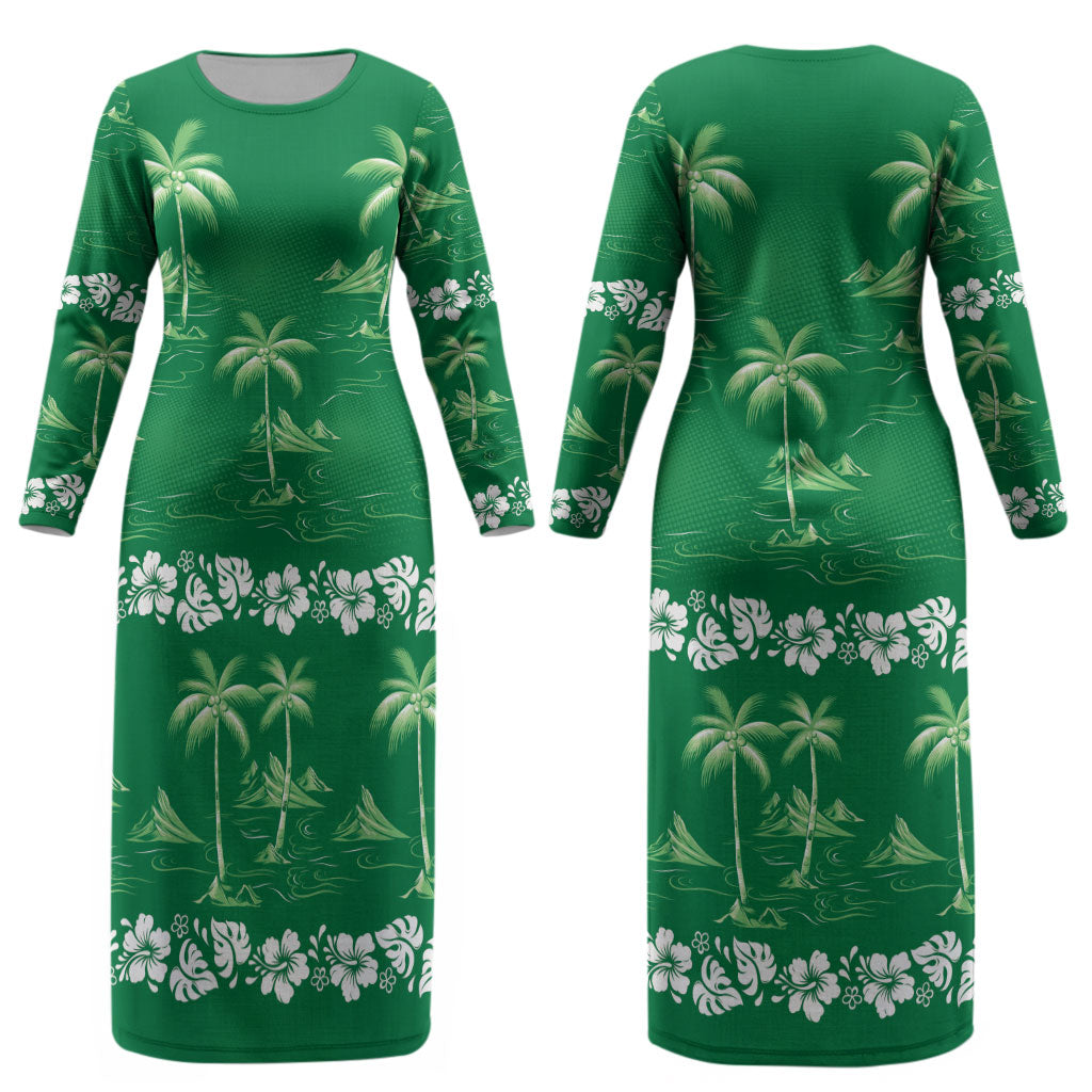 Green Hawaii Palm Tree Hibiscus Couples Matching Long Sleeve Bodycon Dress and Hawaiian Shirt Fantasy Summer Vibe LT01 - Polynesian Pride