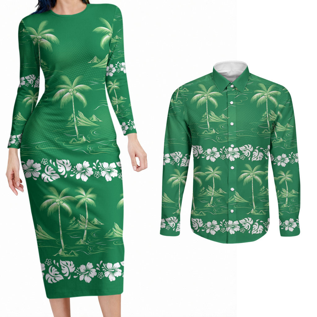Green Hawaii Palm Tree Hibiscus Couples Matching Long Sleeve Bodycon Dress and Long Sleeve Button Shirt Fantasy Summer Vibe LT01 Green - Polynesian Pride