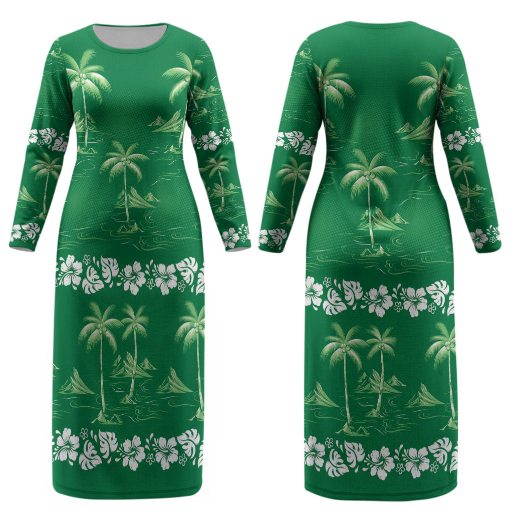 Green Hawaii Palm Tree Hibiscus Couples Matching Long Sleeve Bodycon Dress and Long Sleeve Button Shirt Fantasy Summer Vibe LT01 - Polynesian Pride