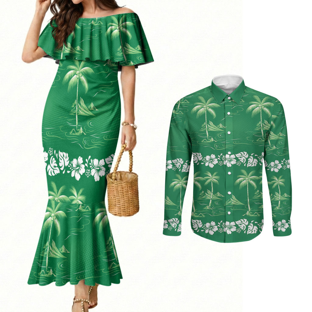 Green Hawaii Palm Tree Hibiscus Couples Matching Mermaid Dress and Long Sleeve Button Shirt Fantasy Summer Vibe LT01 Green - Polynesian Pride