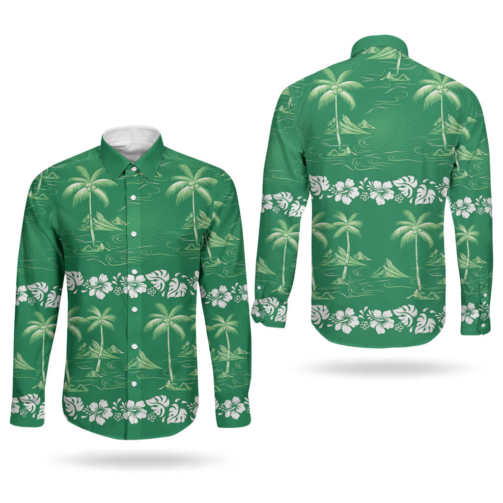 Green Hawaii Palm Tree Hibiscus Couples Matching Mermaid Dress and Long Sleeve Button Shirt Fantasy Summer Vibe LT01 - Polynesian Pride