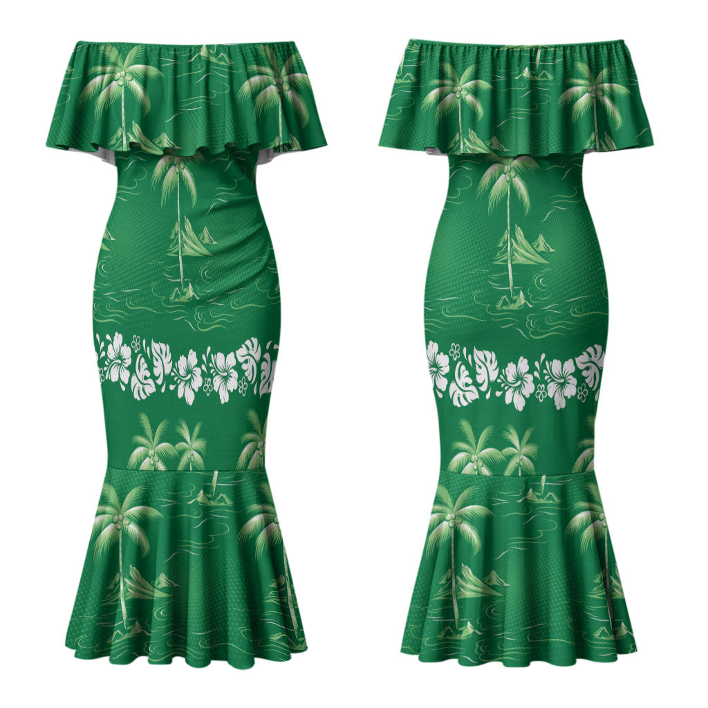 Green Hawaii Palm Tree Hibiscus Couples Matching Mermaid Dress and Long Sleeve Button Shirt Fantasy Summer Vibe LT01 - Polynesian Pride