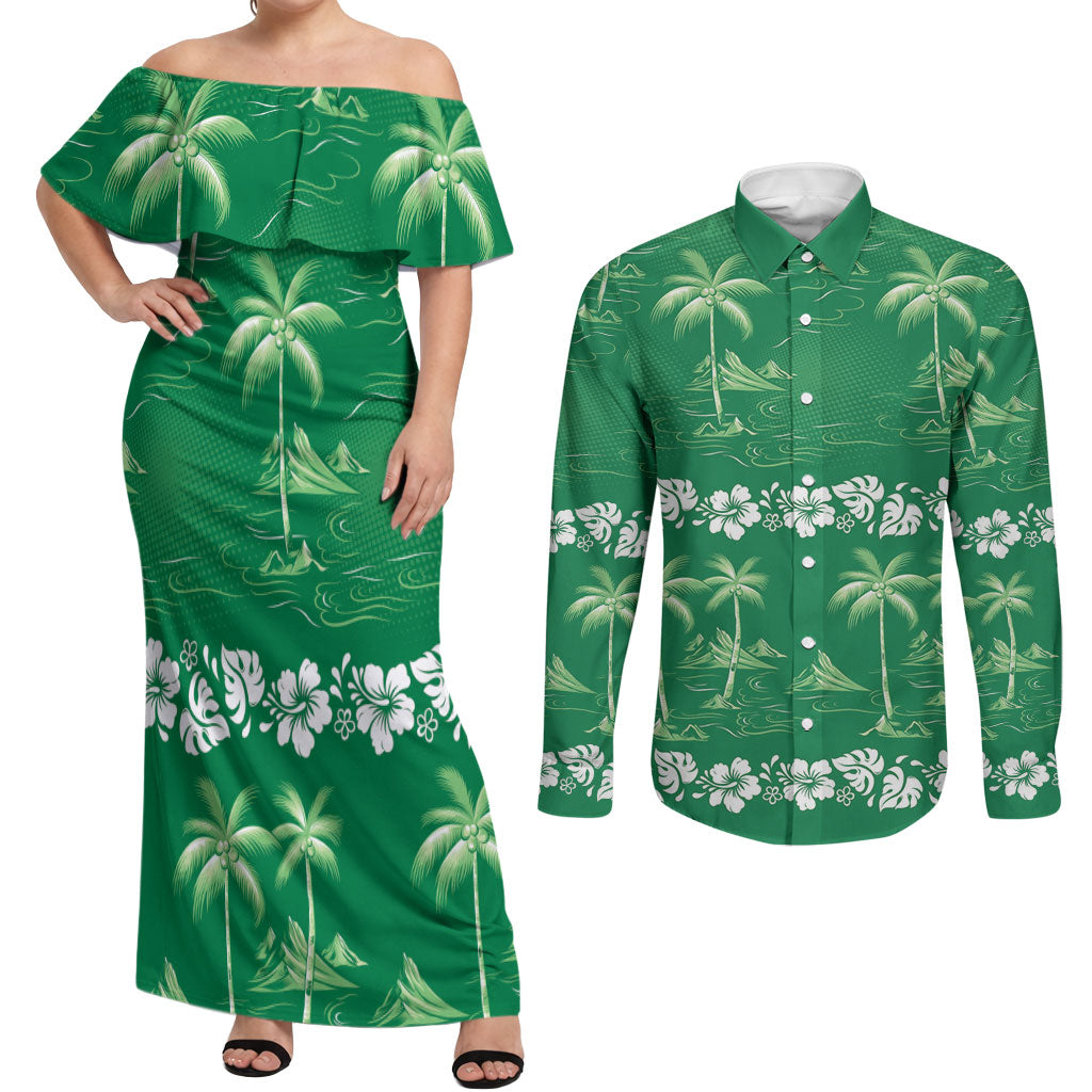 Green Hawaii Palm Tree Hibiscus Couples Matching Off Shoulder Maxi Dress and Long Sleeve Button Shirt Fantasy Summer Vibe LT01 Green - Polynesian Pride